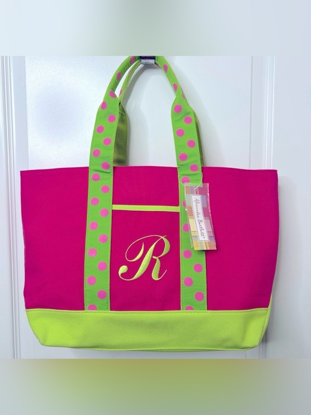 Alexandra Bartlett Pink Green Monogram R Canvas Tote Bag